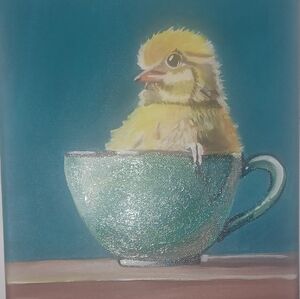 Original Acrylic Charming Yellow Chick in Teal Cup Art Painting